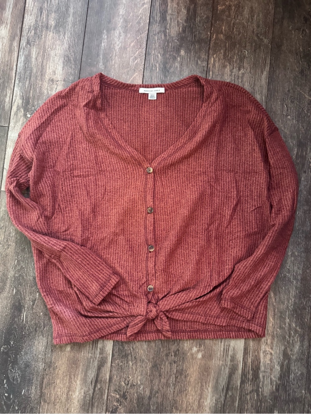 American Eagle Outfitters V-Neck Button-Front Tie-Hem Sweater - Rust
